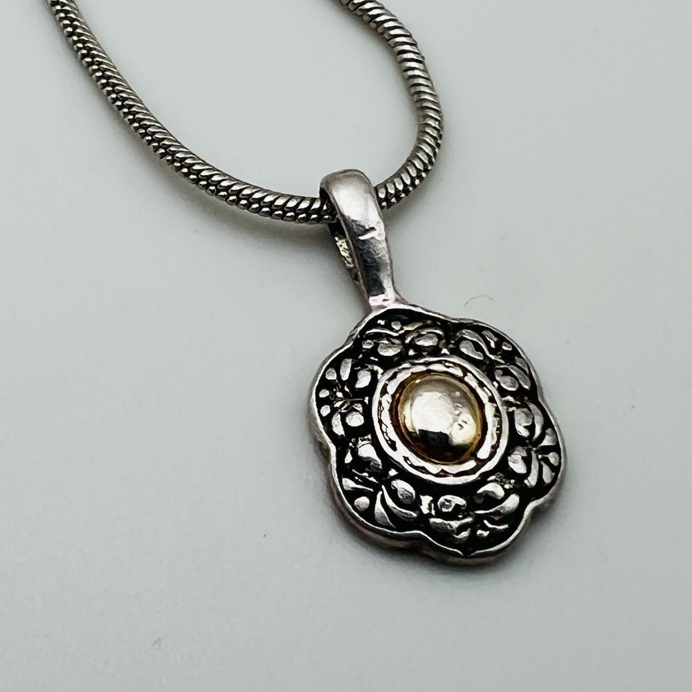Premier Designs Necklace Mixed Metal Flower Pendant Silver Tone Snake Chain